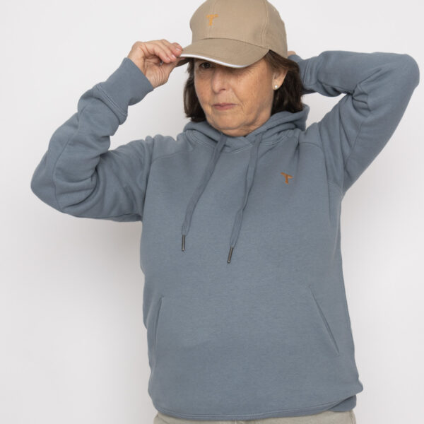 Sudadera con capucha de mujer en algodón orgánico y poliéster reciclado. (Calma)