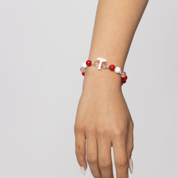 Pulsera ZEST plata con coral bambú de mar, cuarzo rosa sandía, tridacna, cuentas de plata y logo Temba en plata maciza. (Vitalidad)