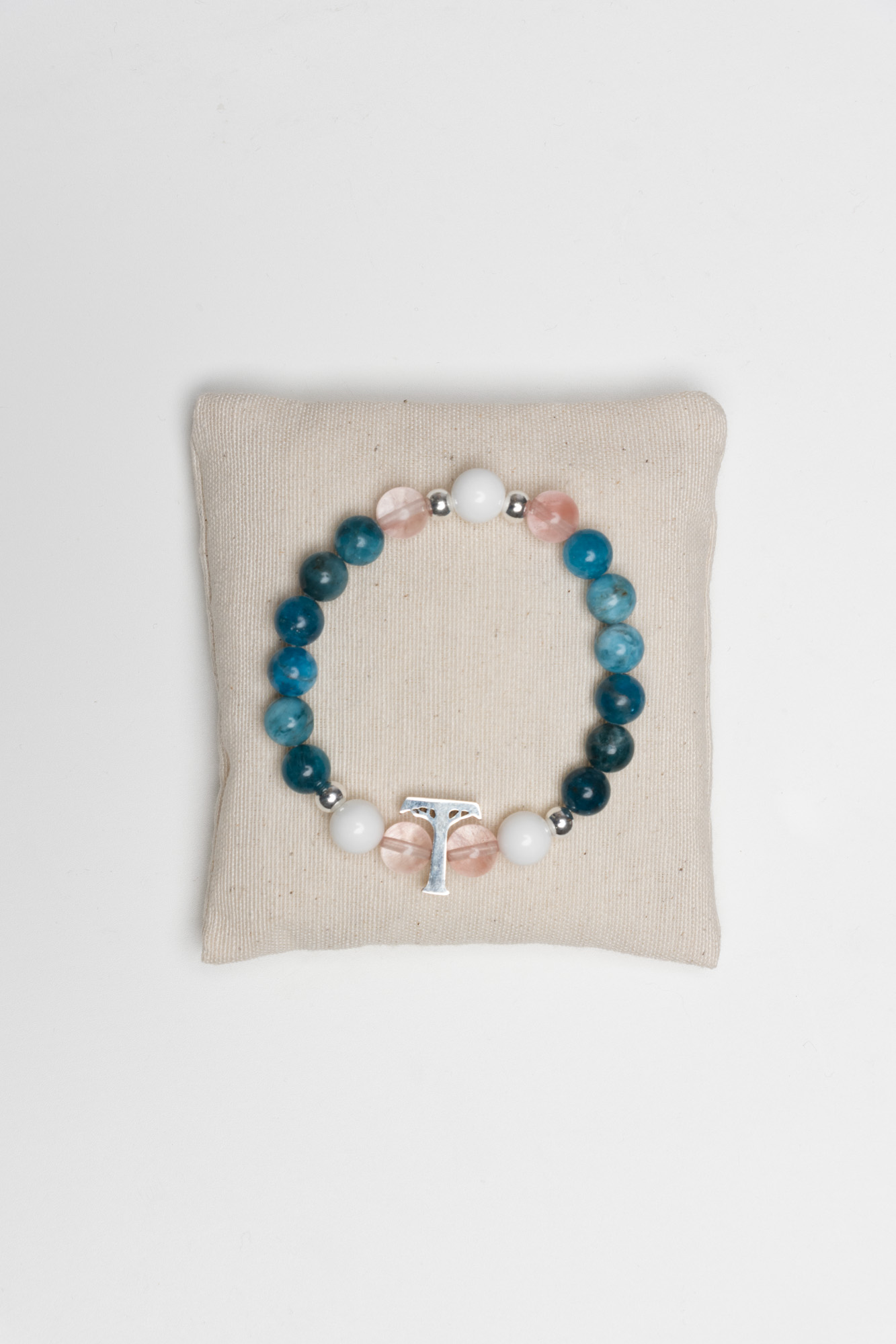 Pulsera SERENA plata con Apatita, Tridacna, Cuarzo rosa sandía, cuentas de plata y logo Temba en plata maciza. (Calma) - Imagen 5