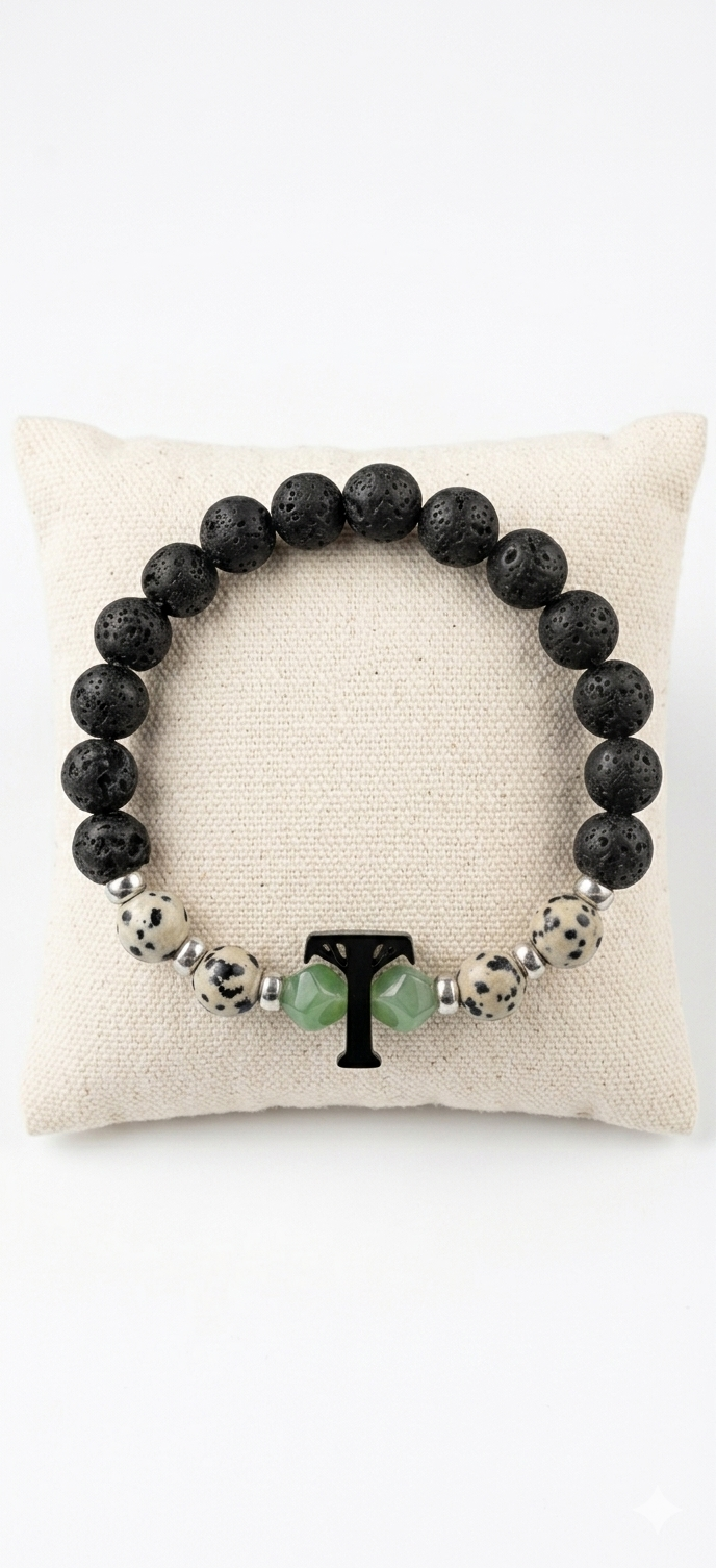 Pulsera Janubio esencial: Lava, olivina y jaspe dálmata. Logo de Temba en metacrilato y cuentas con baño de plata (Protección) - Imagen 2